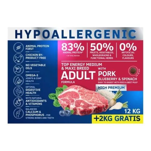 Dog Vital Hipoallergén Top Energy Adult Medium&Maxi Pork, blueberry&spinach 12+2kg grátisz