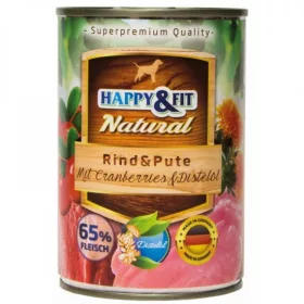   Happy&Fit Natural Dog konzerv marha, pulyka áfonyával és sáfrányolajjal 400g
