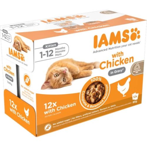 Iams Cat Delights alutasak Kitten & Junior csirke falatkák ízletes szószban, Multipack 12x85g