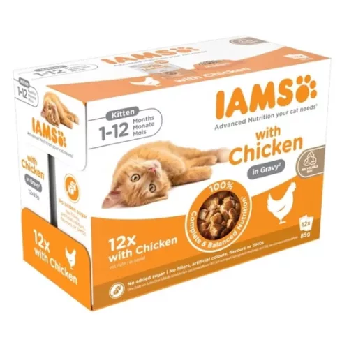 Iams Cat Delights alutasak Kitten & Junior csirke falatkák ízletes szószban, Multipack 12x85g
