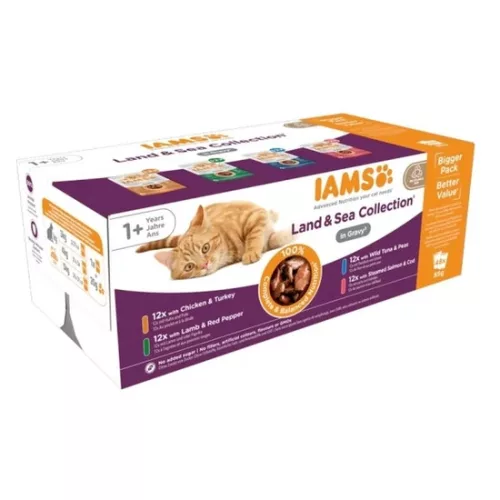 Iams Cat Delights alutasak Land & Sea Multipack Szószban nedves macskatáp 48x85g
